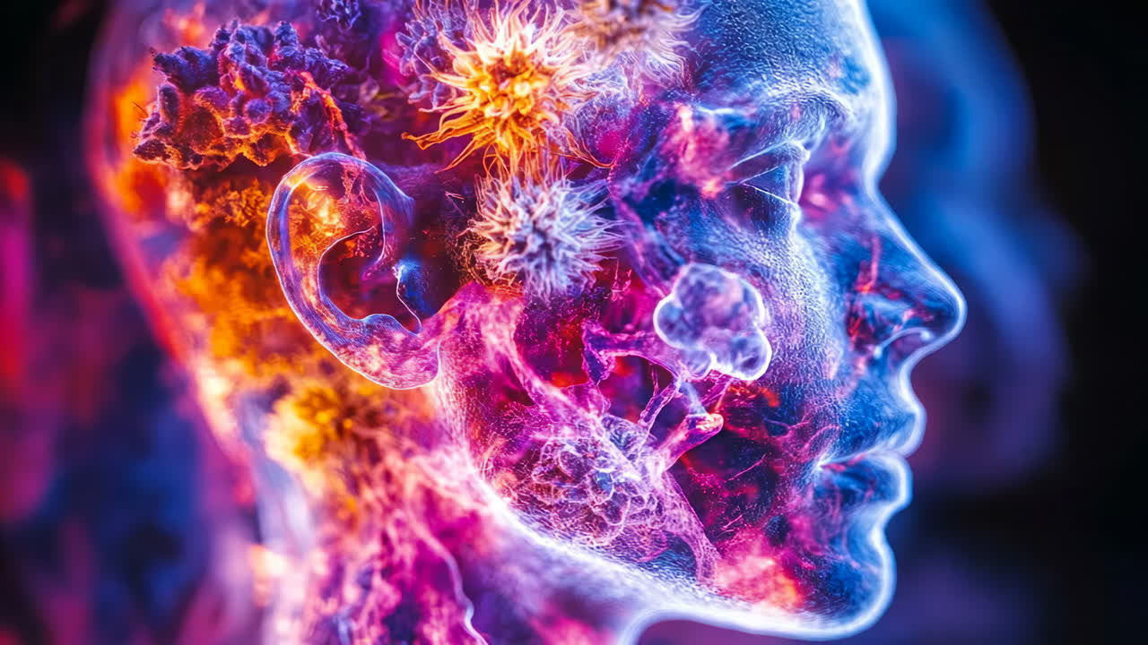Profile of human head with microscopic virus particles. Translucent blue profile of a human head containing glowing red and orange virus or bacteria structures