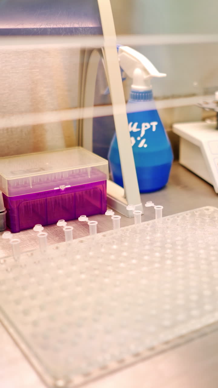 Hand of laboratory worker with tweezers on the table. Assistant putting empty sterile vials into the rack with tweezers in research clinic. Vertical video