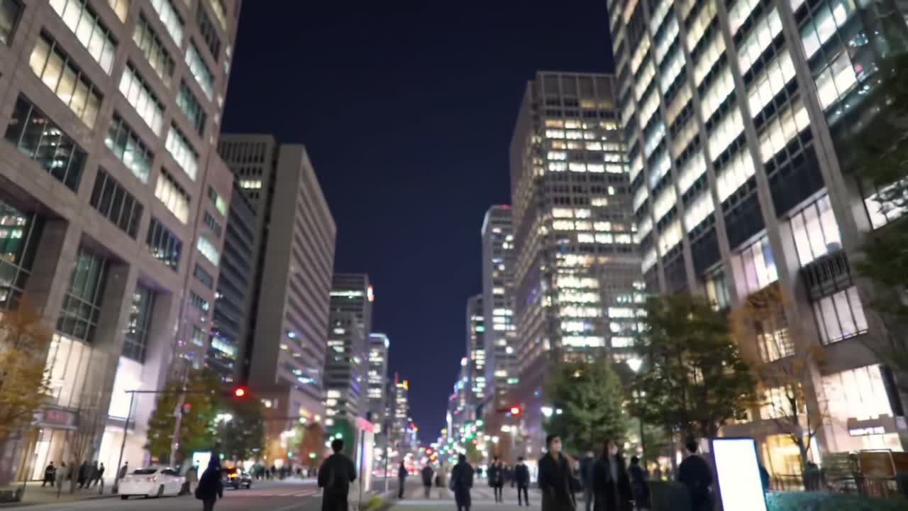 A Lively Urban Nightscape with Busy Pedestrians Amidst Twinkling City Lights and Skyscrapers, Capturing the Vibrant Atmosphere of Modern City Life