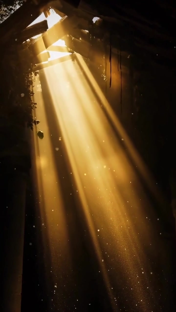 Raios de Sol Dourados Atravessando um Teto em Ruínas
