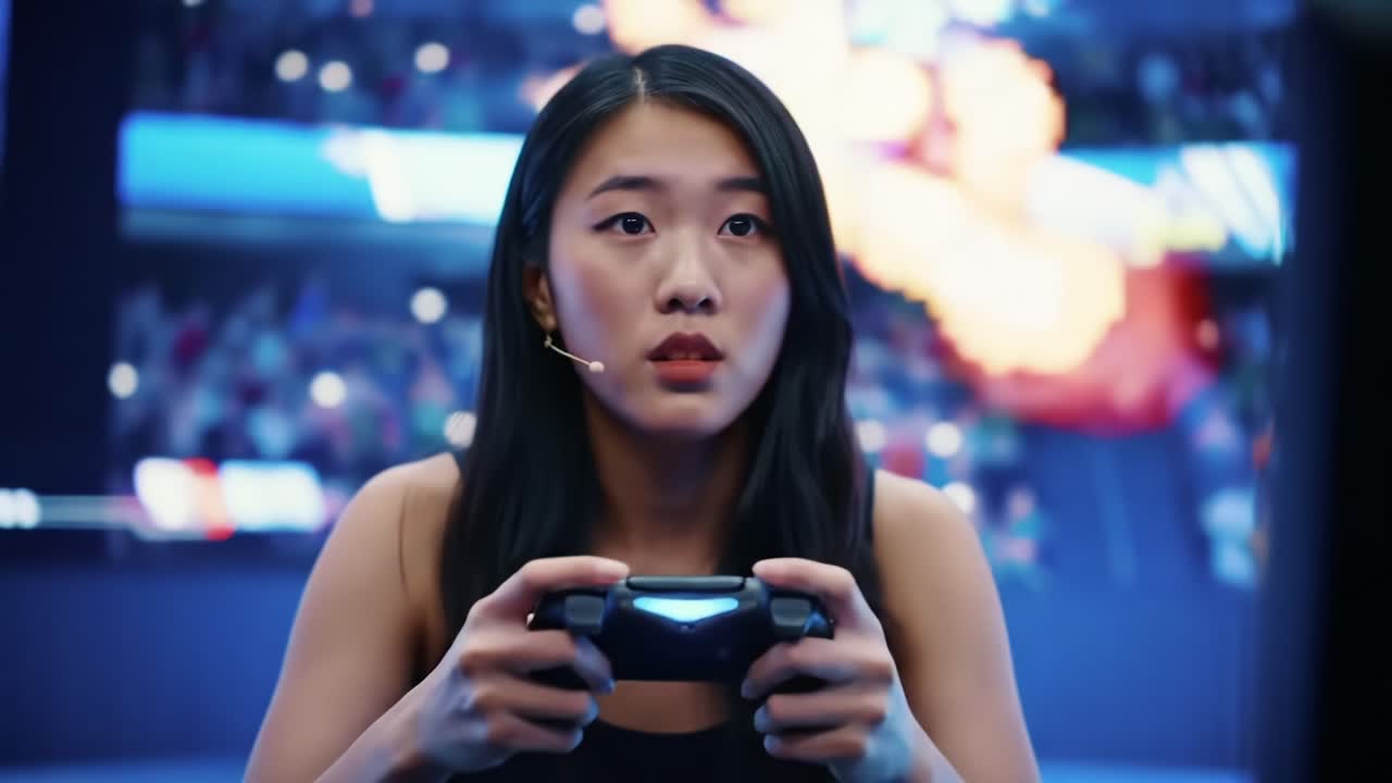 競技ゲームにおける激しい瞬間。熱戦に集中するプレイヤー、背後で沸き上がる観衆、そして画面上でゲームが繰り広げられます。
