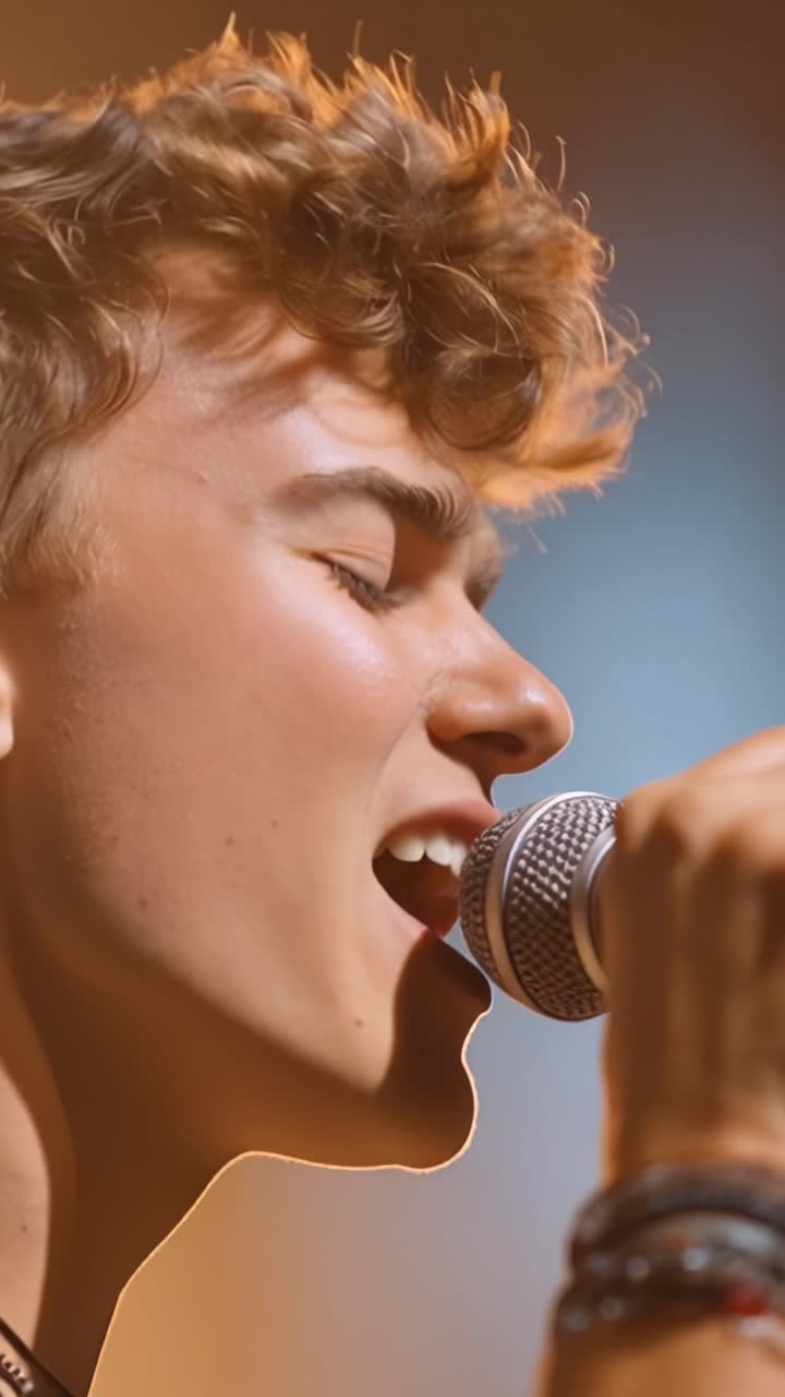 Performance Envolvente de um Jovem Cantor Capturada em um Close-Up Deslumbrante, Destacando Emoção e Paixão Desdobrando-se Durante uma Experiência de Música ao Vivo