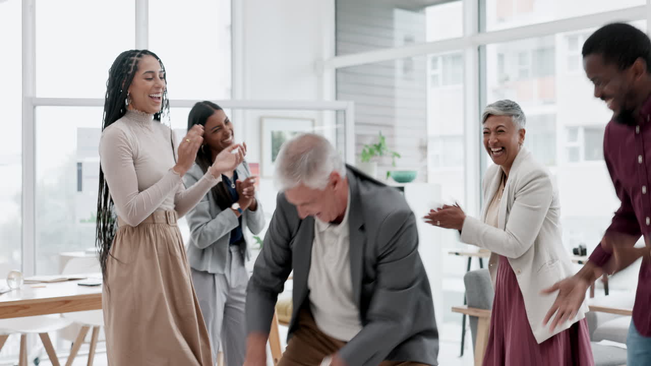 Dance, party and office celebration with senior