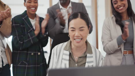 Laptop,-happy-woman-and-business-people-applause