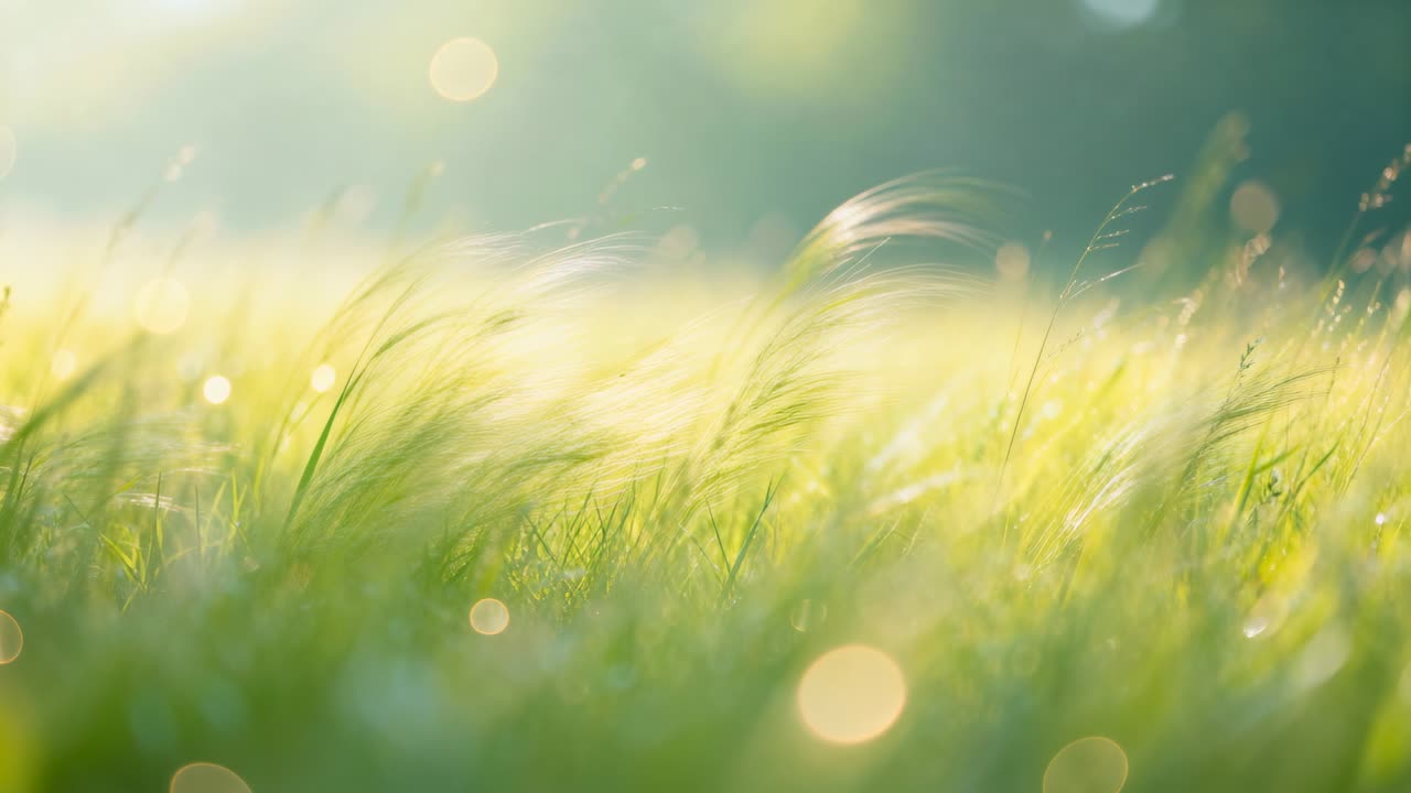 穏やかなそよ風の後、日差しが降り注ぐ牧草地で揺れる草と穂のクローズアップ。露のボケが美しい。