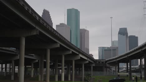 Low-angle-Establishing-shot-of-downtown-Houston