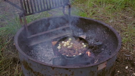 cooking camping meal of meat and onions in cast iron over camp fire