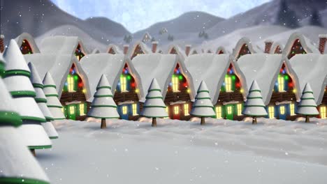 Animation-of-snow-falling-over-houses-covered-in-snow-decorated-with-christmas-fairy-lights-and-moon