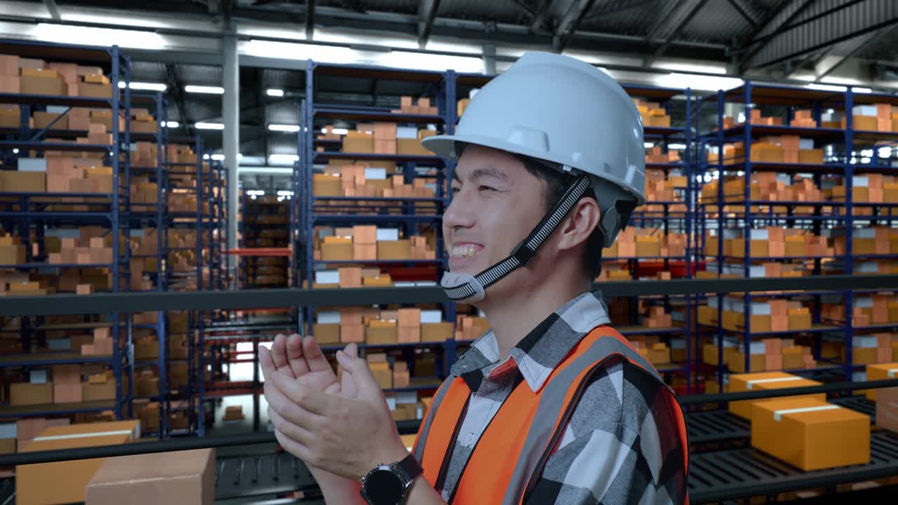 vista lateral de cerca de un ingeniero masculino asiático con casco de seguridad de pie en el almacén con estantes llenos de mercancías de entrega. sonriendo a la cámara y aplaudiendo en el almacenamiento