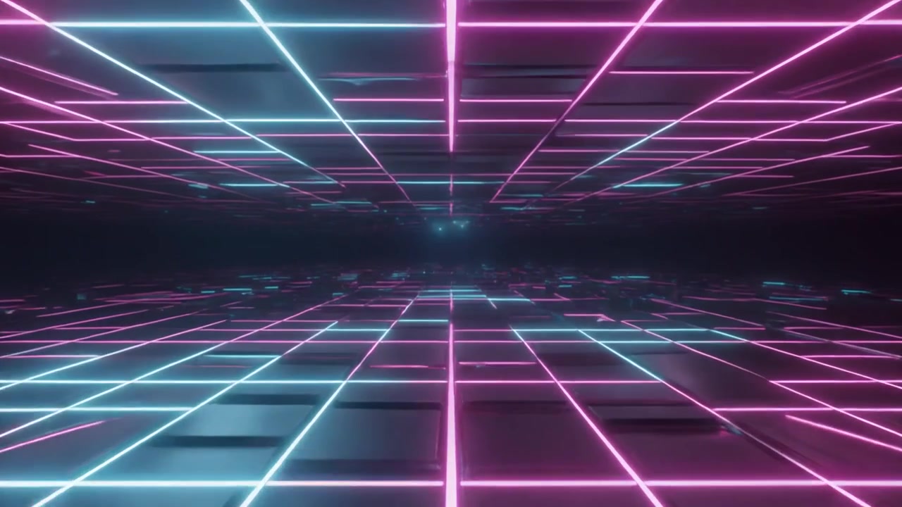 Tunnel a griglia neon futuristico con luci rosa e blu luminose
