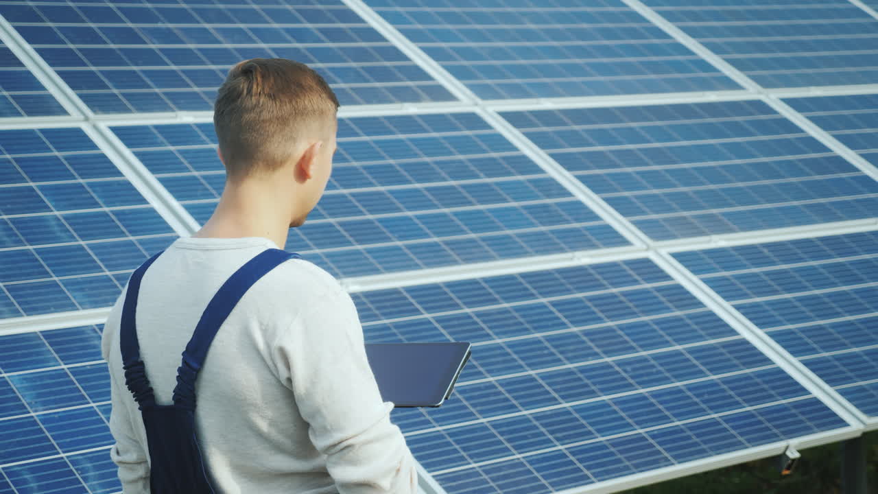 The Engineer Uses The Tablet On The Background Of Solar Panels Alternative Energy And Solar Energy