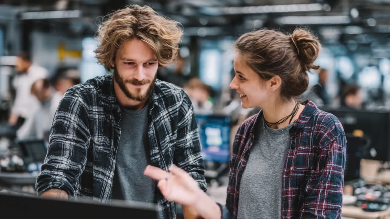 Engaging Collaboration Between Young Professionals in a Modern Workspace: Joyful Interaction Over Computer Screen Set in an Innovative Office Environment