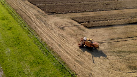 Gran-Cosechadora-Amarilla-Limpiando-Enormes-Campos-De-Cebada-Cerca-De-Mlynary,-Polonia