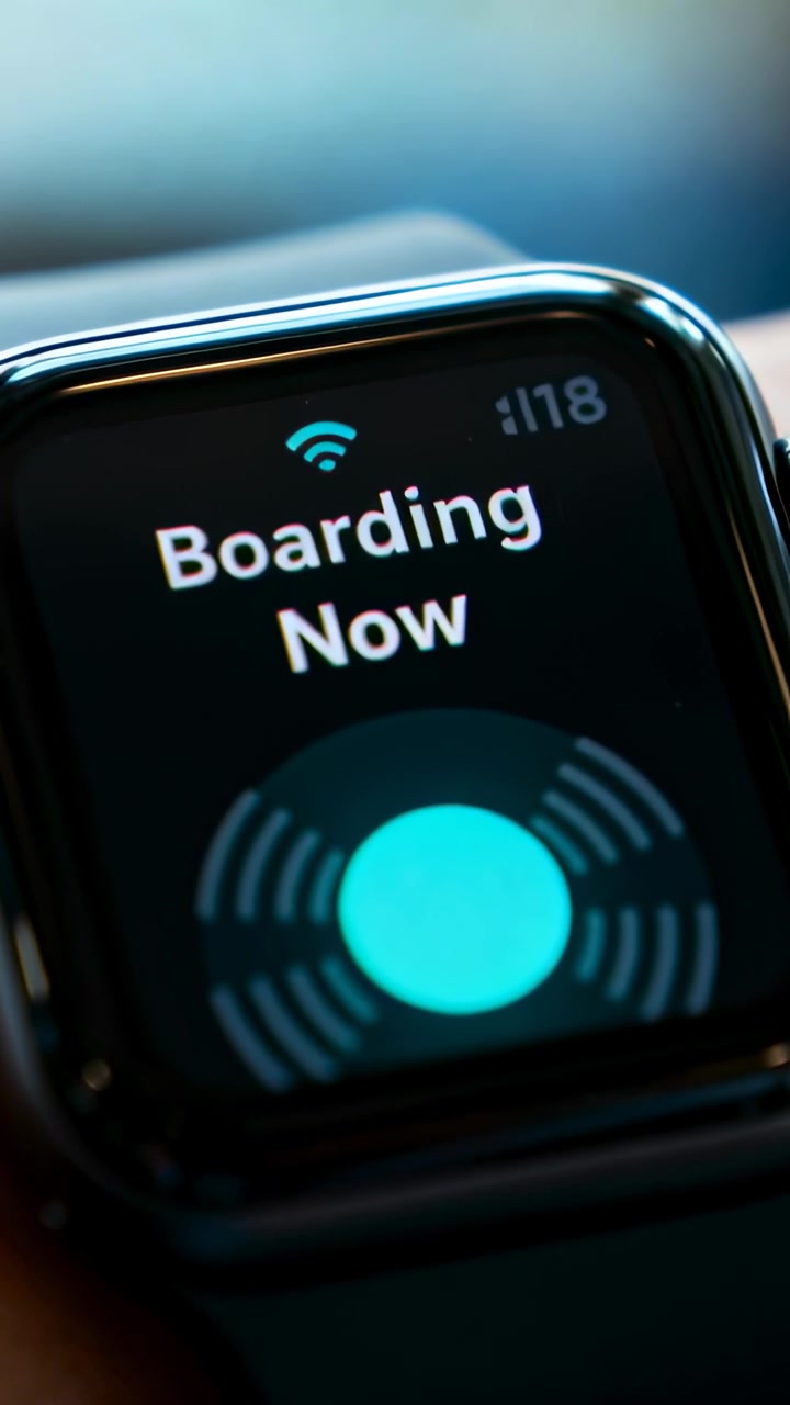 Vertikal video: Viser 'Ombordstigning nu', voksen med smartwatch vipper ved gaten for at boarde og viser NFC.