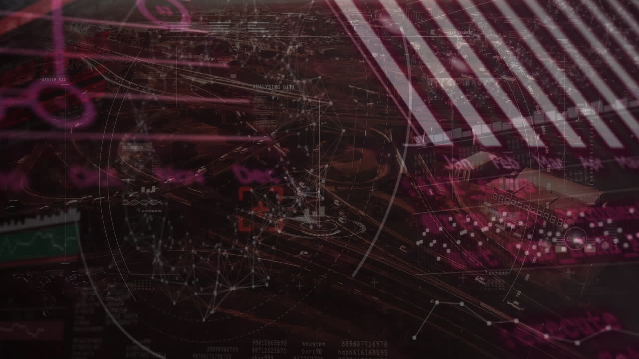 Animation of scope scanning and network of connections and data processing over cityscape