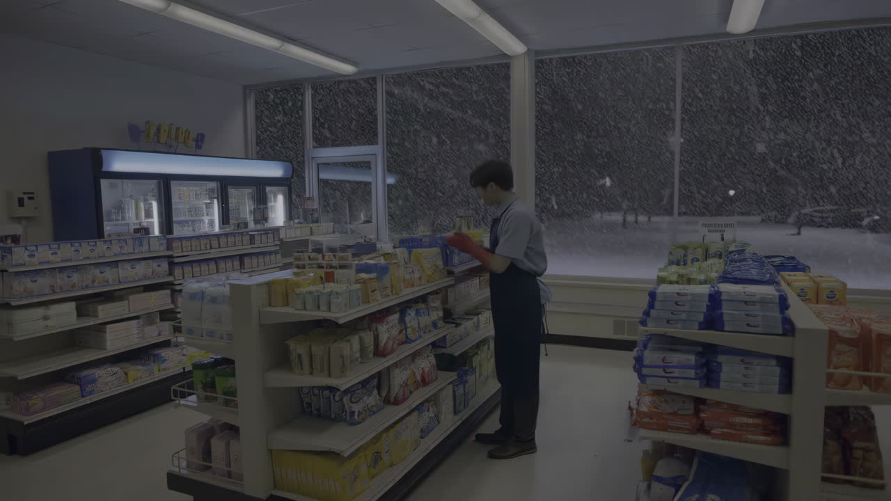 Employee in a convenience store during a snowstorm