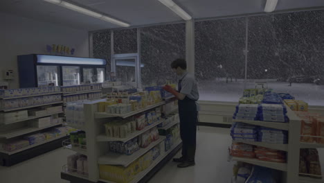 employee in a convenience store during a snowstorm