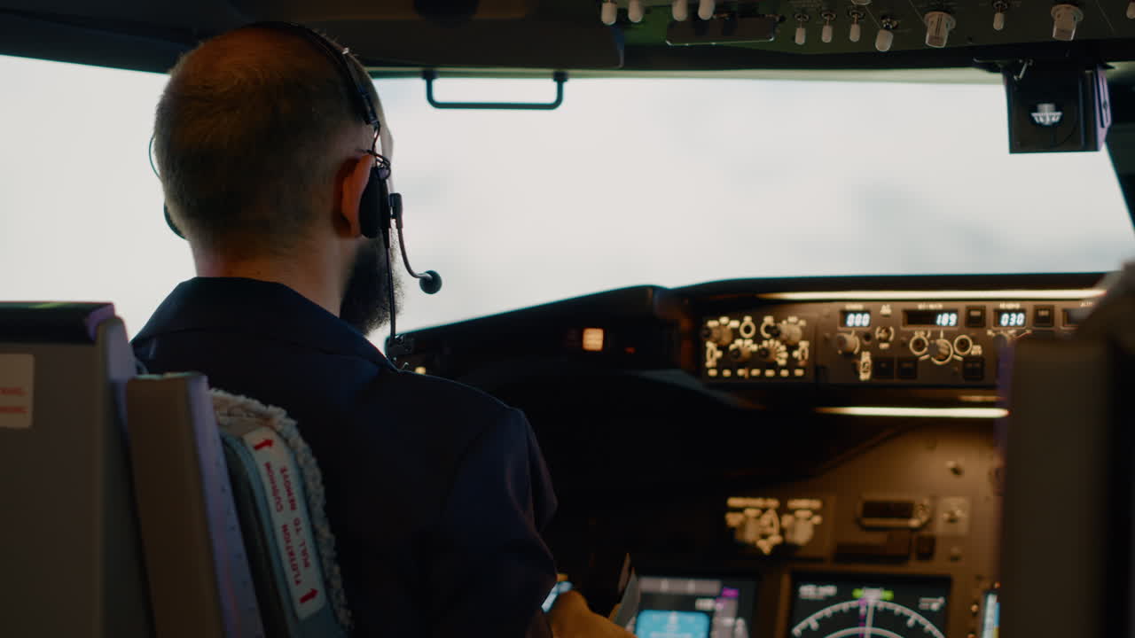 Airplane captain pushing buttons to fix altitude and longitude