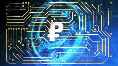 Animation-of-computer-circuit-board-over-rouble-symbol