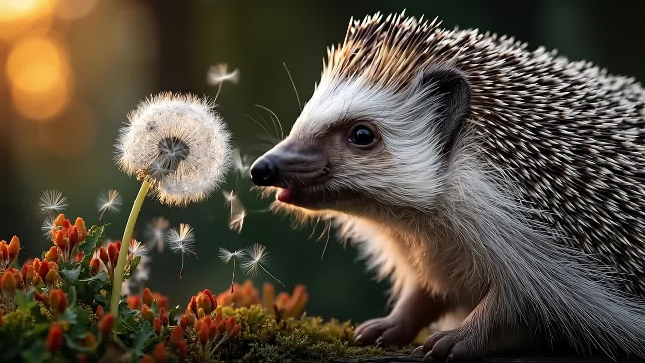 A hedgehog blowing a dandelion in the air