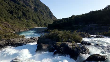 flying over the petrohue river rapids in vicente perez rosales national park in chile