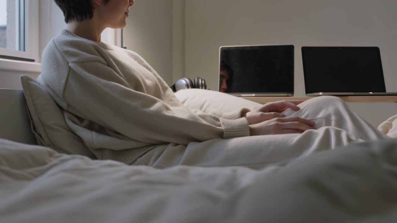 창가 침대에 베이지색 니트를 입은 여성이 똑바로 앉아 있고, 노트북 화면이 반사됩니다. (카피 공간 포함)