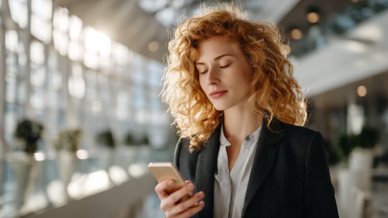 Una professionista concentrata che utilizza il suo smartphone in uno spazio di lavoro moderno e ben illuminato, a simboleggiare l'intersezione tra tecnologia e cultura del lavoro contemporanea