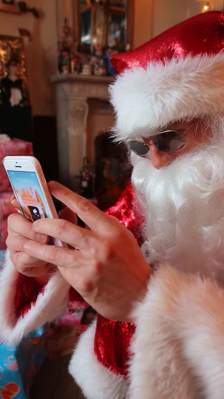 A Festive Figure Dressed as Santa Claus Engaged in a Modern Activity, Capturing the Holiday Spirit While Interacting with His Mobile Device Surrounded by Colorful Gifts and Decorations