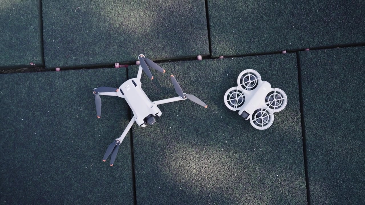 Top down view of drones on rubber square outdoor surface, Czechia