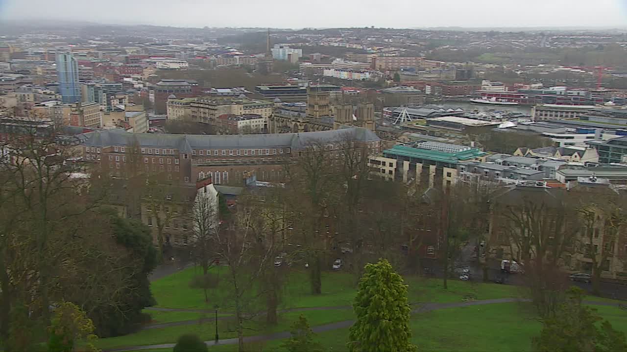 Views looking down over Bristol City Centre and the River Avon from the hillside