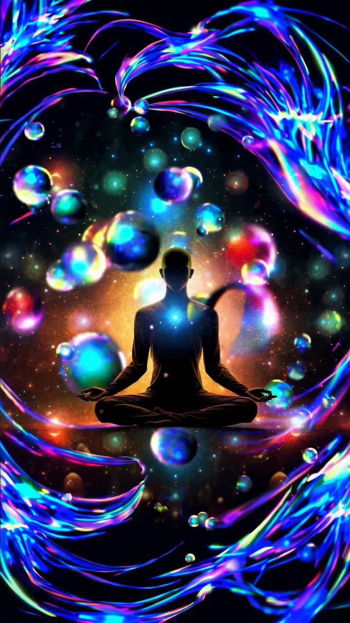 Un concetto video surreale di una figura che medita, circondata da sfere colorate e scie di luce, vista