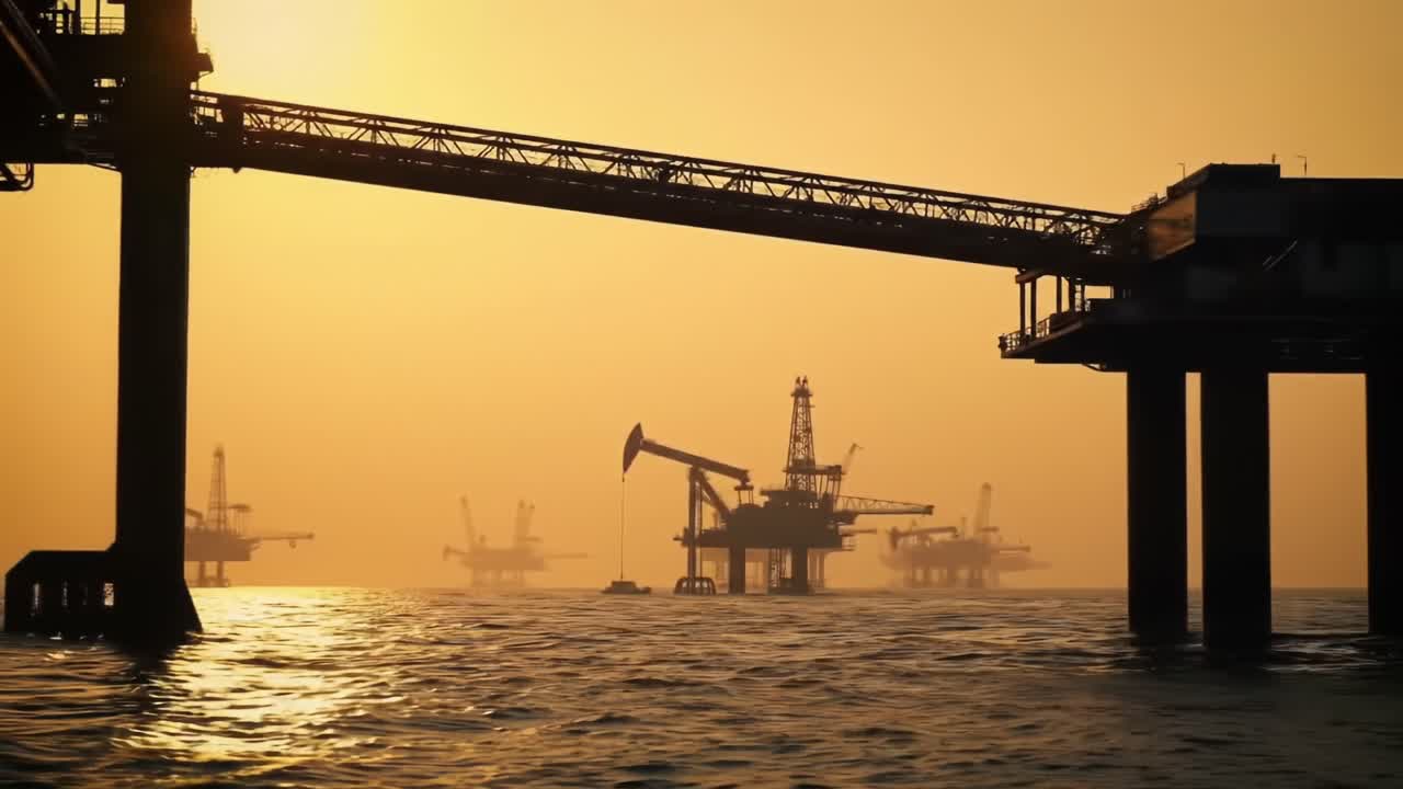 Dramatiske silhuetter af offshore-olieboreplatforme ved solopgang, der fanger den industrielle skønhed mod en gylden horisont med roligt vand, der reflekterer scenen