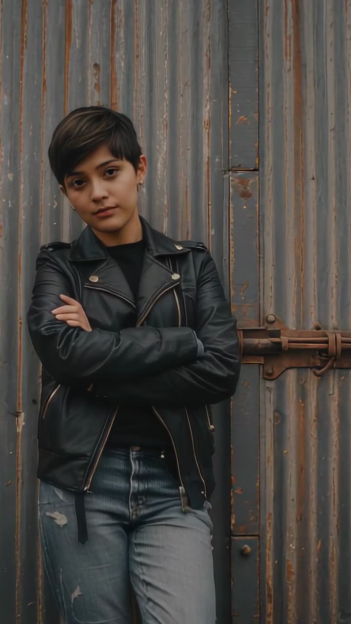 Vertical video: Leaning woman in leather jacket by rusted metal door responding to camera zooming