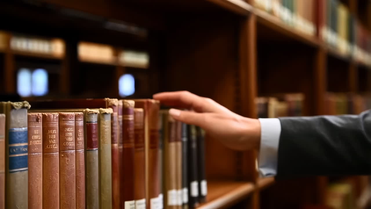 Hand Reaching for a Book on a Library Shelf