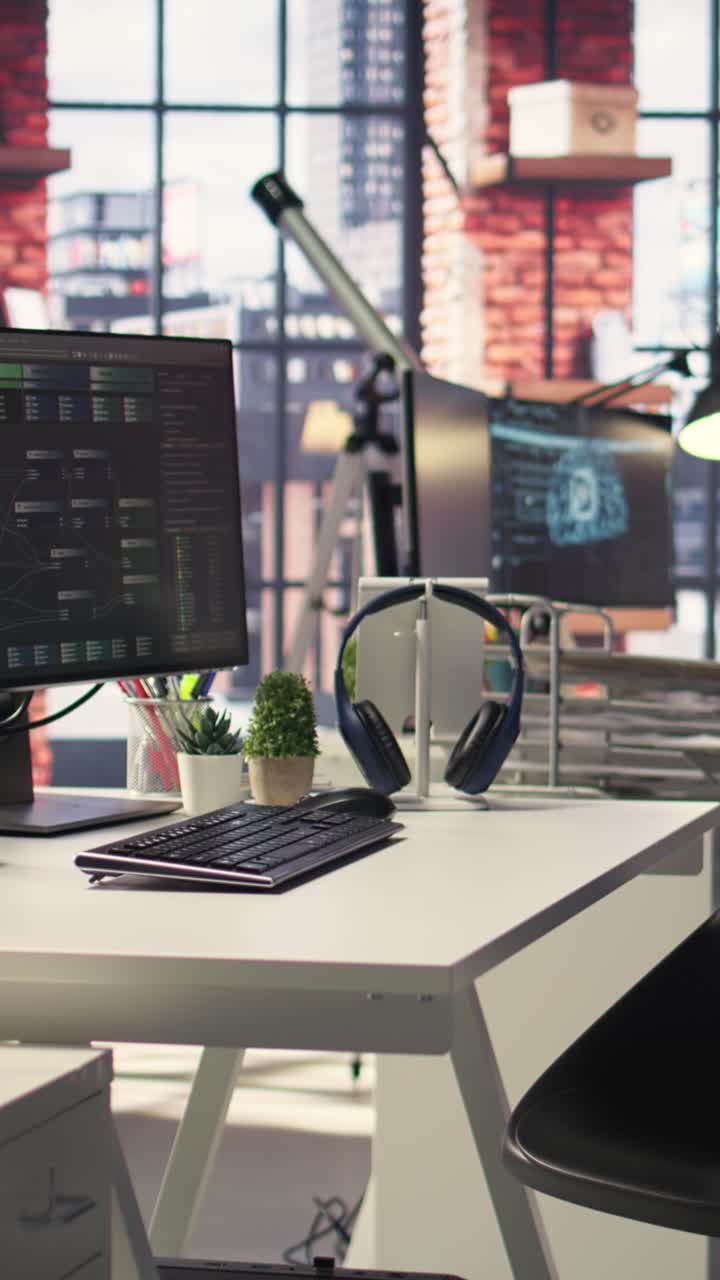 Vertical Video Modern desktop setup in an IT agency shows a visual coding interface