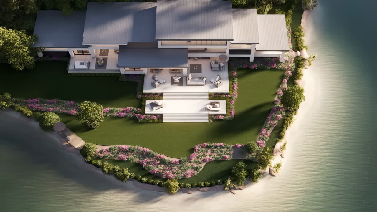 Aerial View of a Luxurious Modern Waterfront House with Landscaped Gardens