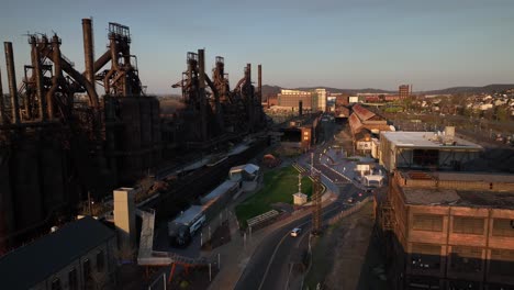 an aerial view of the bethlehem steel stacks in pennsylvania at sunset