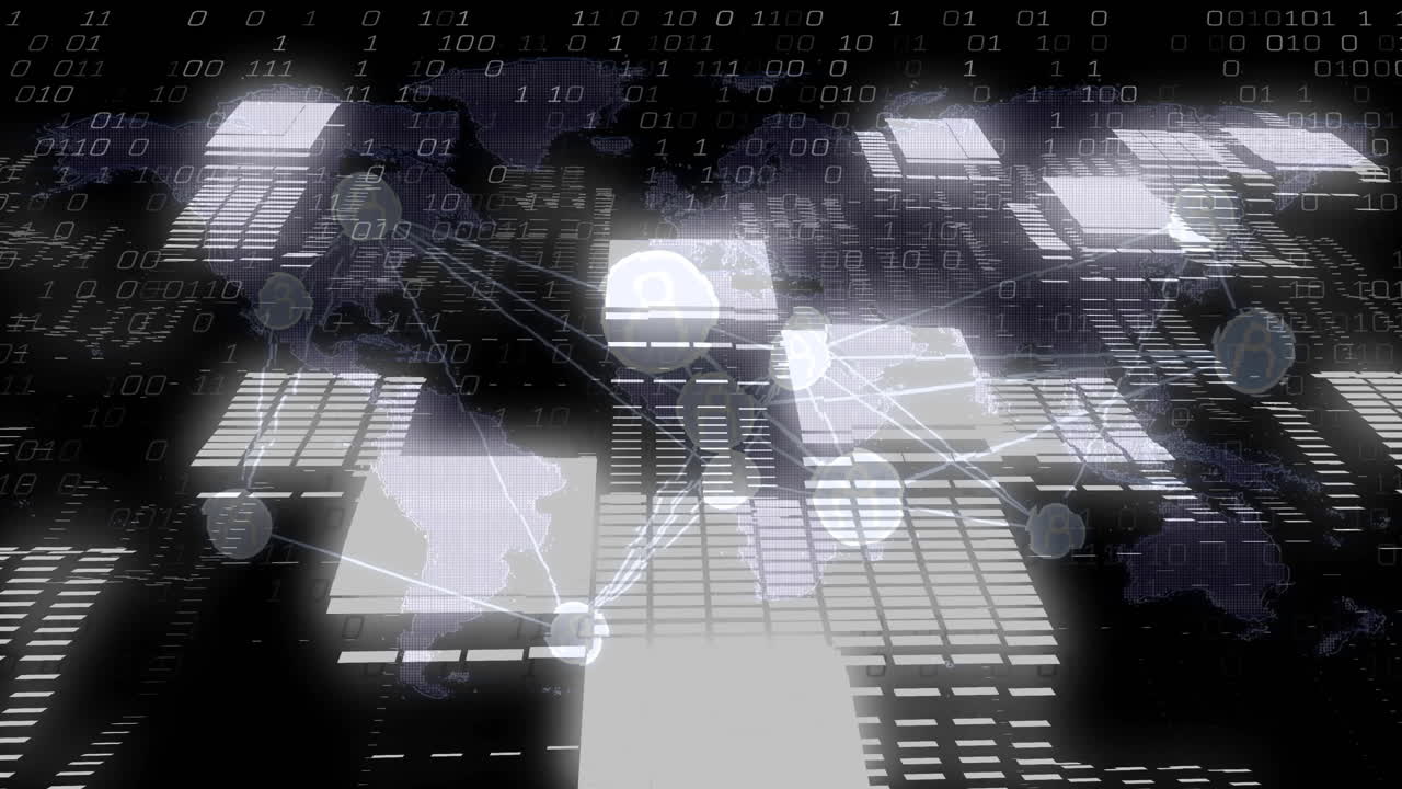 Animating global network connections and data transfer over world map and binary code