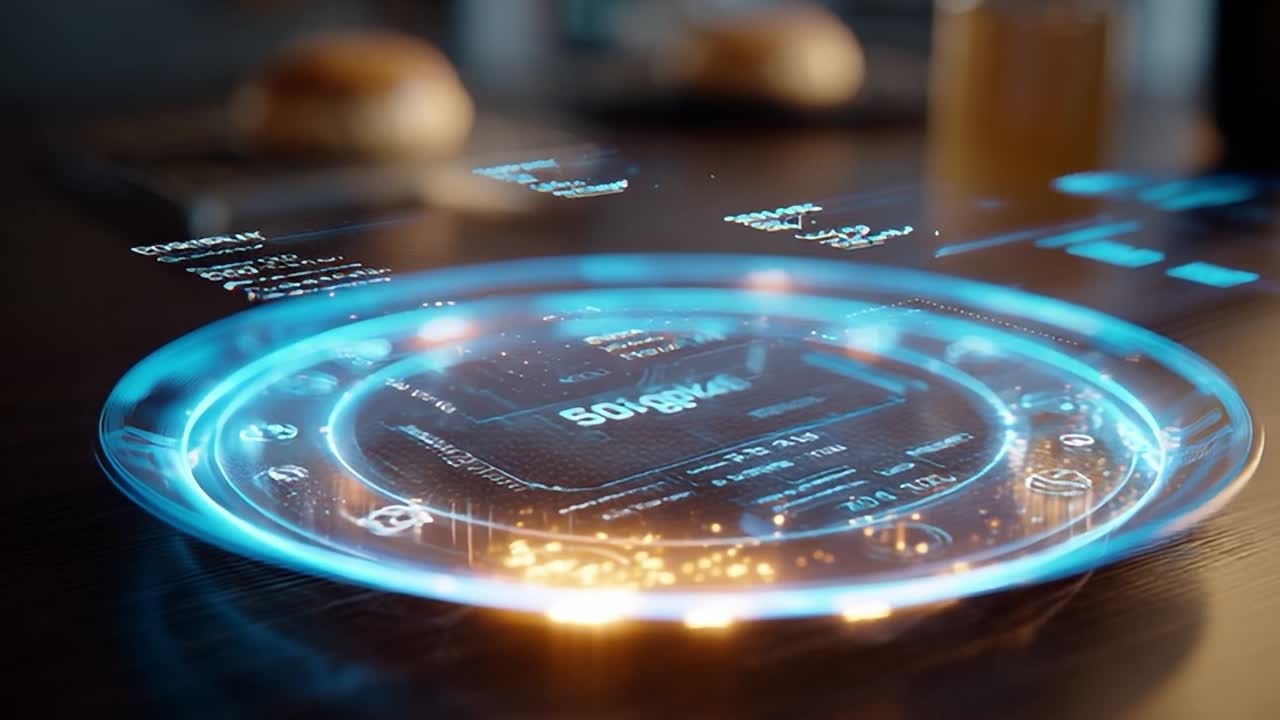 Interactive holographic display showcasing digital technology features