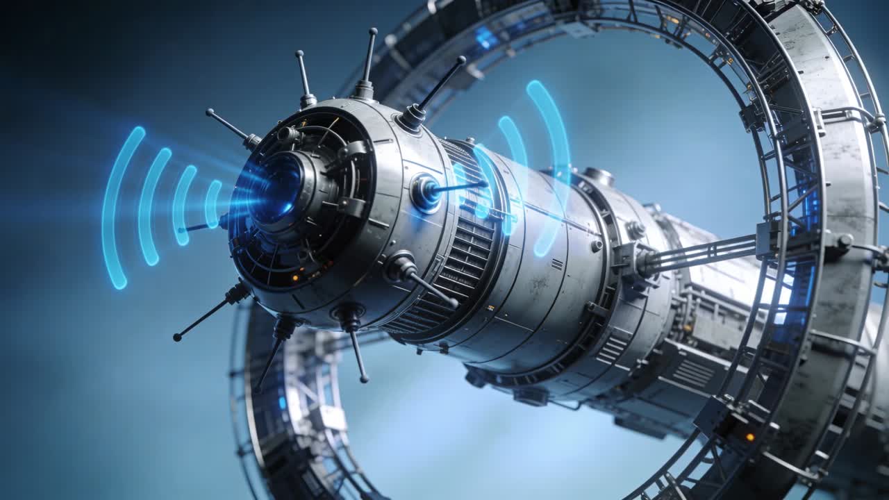 Sending blue signal pulses, cylinder rotating in space while camera moving closer showing lit ring