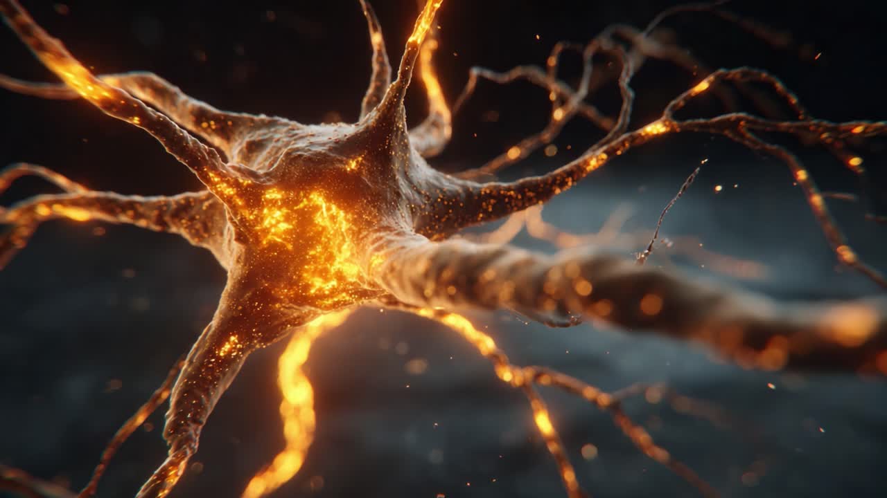 A Stunning Close-Up of a Neuron Illuminated with Glowing Filaments, Showcasing the Intricate Details of Neural Connections and Electrical Activity in a Microscopic Universe