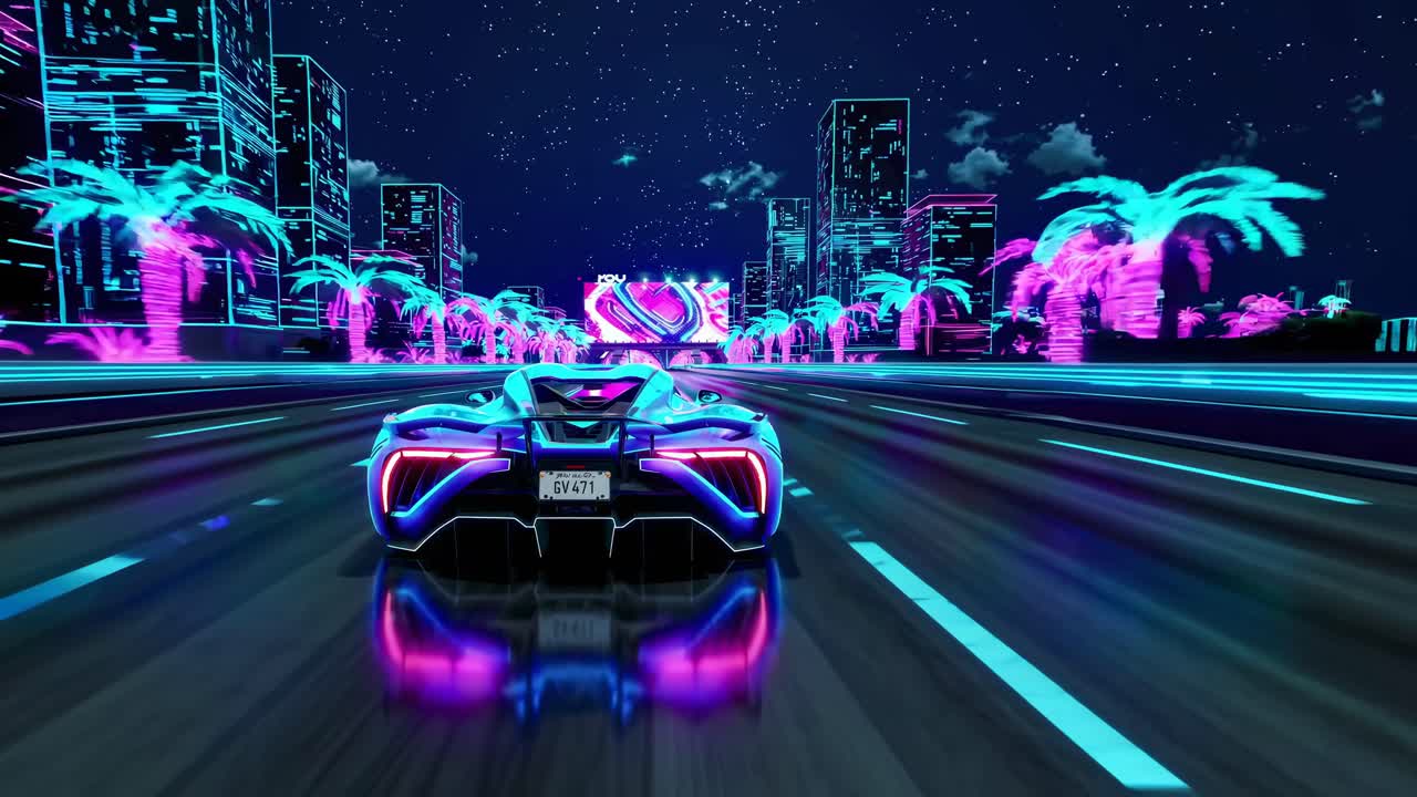 Futuristic video scene with a low-angle view of a neon-lit car racing through a vibrant cityscape