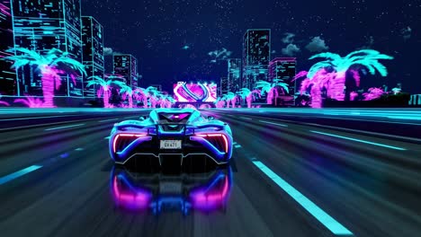 futuristic video scene with a low-angle view of a neon-lit car racing through a vibrant cityscape