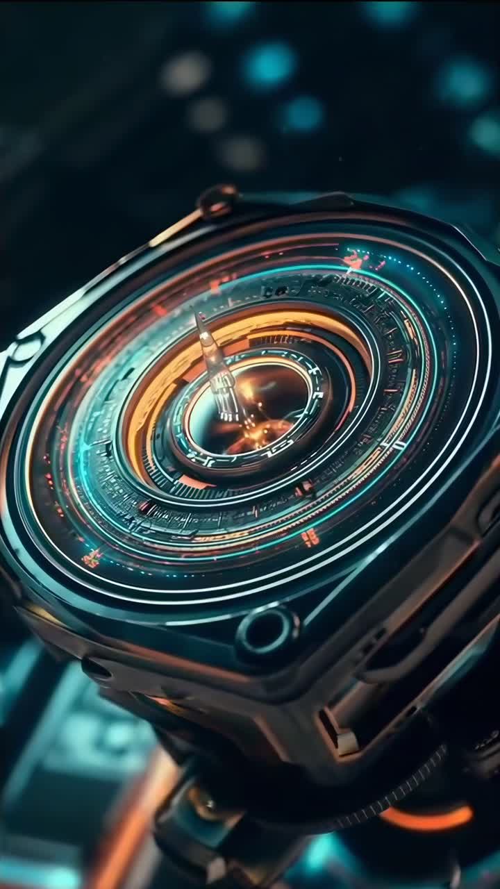 Quadrante di orologio futuristico in primo piano, che mostra dettagli intricati in stile video sci-fi