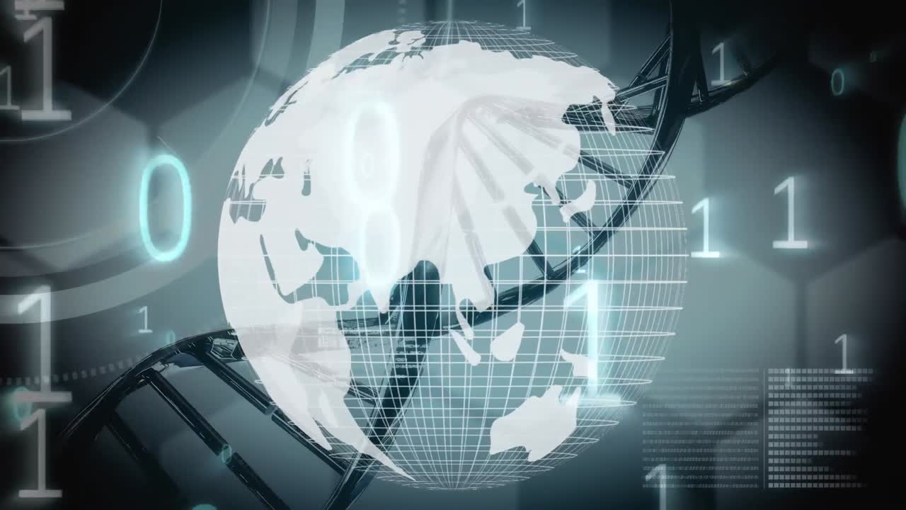 dna와 데이터로 회전하는 디지털 글로브의 애니메이션