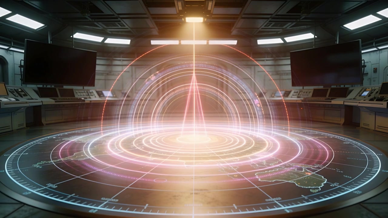 Starting center glow, powering hologram rings and rising beam at control room, scanning map