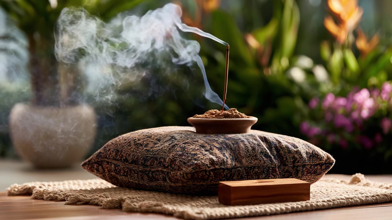 Un momento sereno: fumo aromatico di incenso che sale con grazia sopra un morbido cuscino circondato da una vegetazione lussureggiante e fiori colorati, creando un'atmosfera tranquilla.