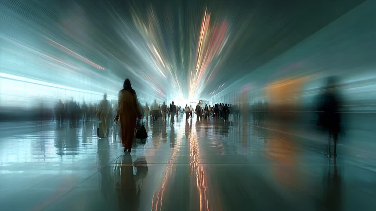 A Captivating Journey Through a Futuristic Terminal: Figures Walk Swiftly Amidst a Blurry Surreal Scene of Light and Reflection in a Modern Transportation Hub