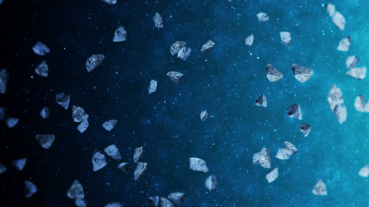 깊은 우주 배경에서 많은 소행성을 날아. 깨진 스플래시 폭발. 별빛 하늘. 돌고 있는 운석의 3d 애니메이션. 루프 애니메이션.