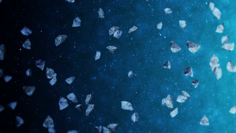 volando muchos asteroides en el fondo del espacio profundo. explosión de salpicaduras rotas. el cielo estrellado. animación 3d de meteoritos girando. animación de bucle.